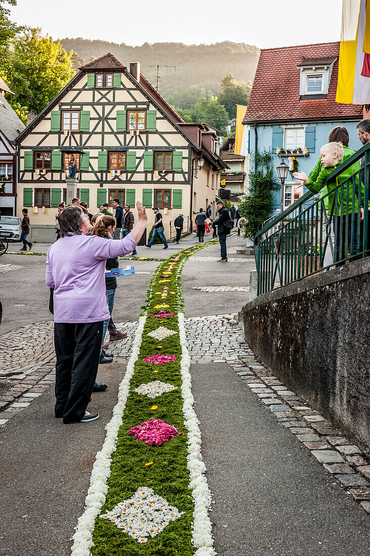 People arranging petals on the floor, Corpus Christi, Feast of Corpus Christi, procession, Sipplingen, Lake Constance, Baden-Wuerttemberg, Germany, Europe