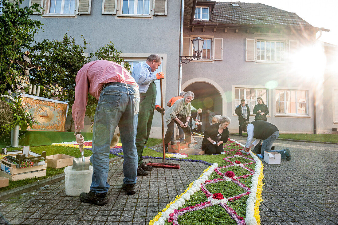 Helfer legen die Blüten für den Blumenteppich, Fronleichnam, Prozession, Sipplingen, Überlinger See, Bodensee, Baden-Württemberg, Deutschland, Europa