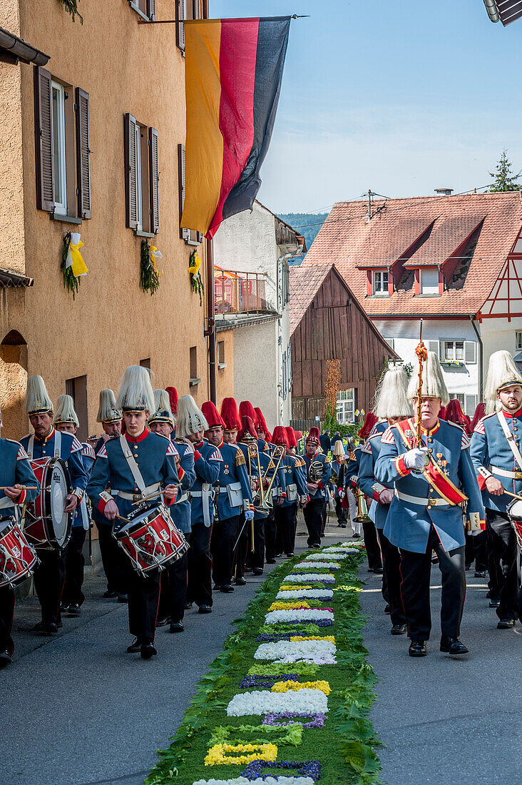 Traditional band playing for the Corpus Christi procession, Feast of Corpus Christi, Sipplingen, Lake Constance, Baden-Wuerttemberg, Germany, Europe