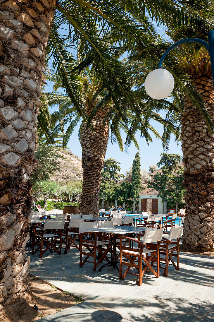 Restaurant on the terrace in the garden of Hotel Irini Mare, Agia Galini, Crete, Greece, Europe