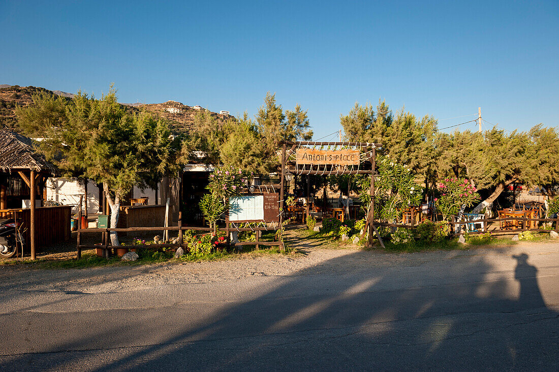 seafront in the evening with restaurant, Plakias, Crete, Greece, Europe