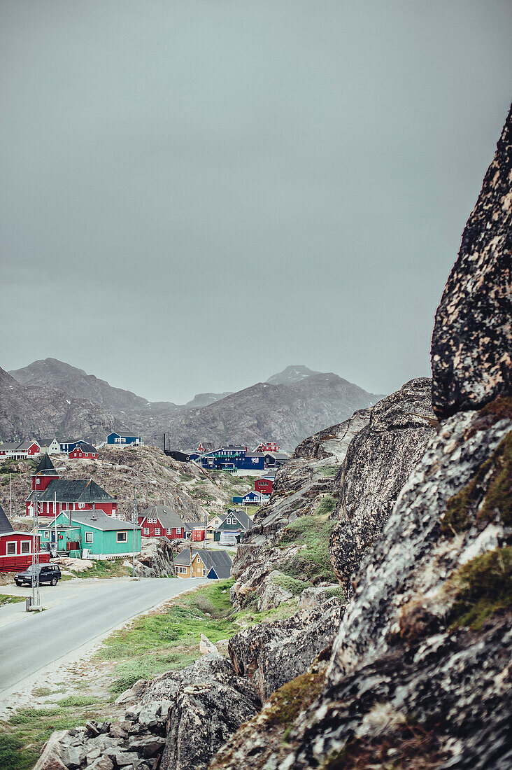 Ausblick auf Sisimiut, Grönland, Arktis.