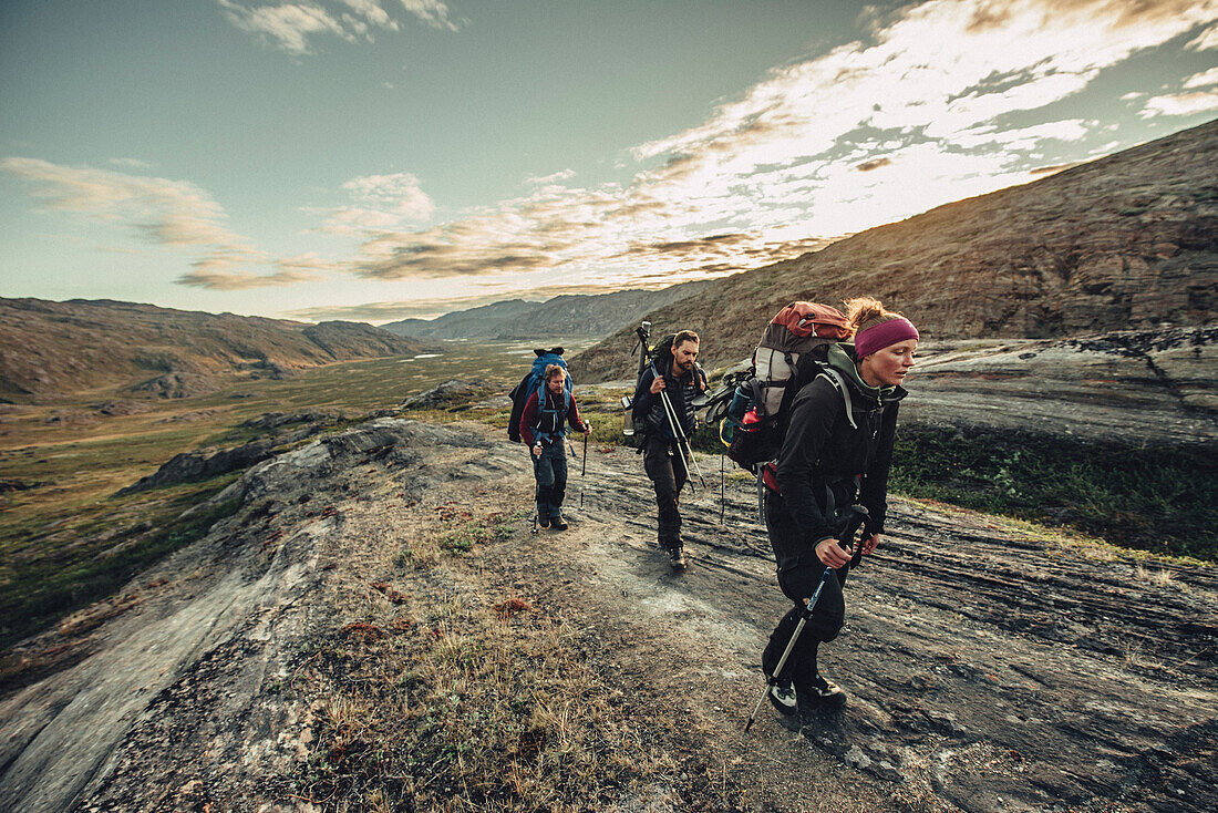 Hiker on a route through greenland, greenland, arctic.