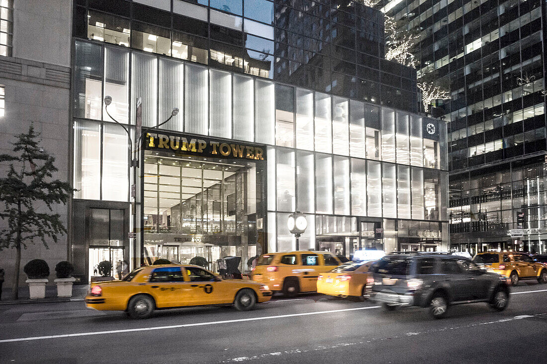 Trump Tower, golden entrance sign, fith avenue, taxi,  New York City, United States of America