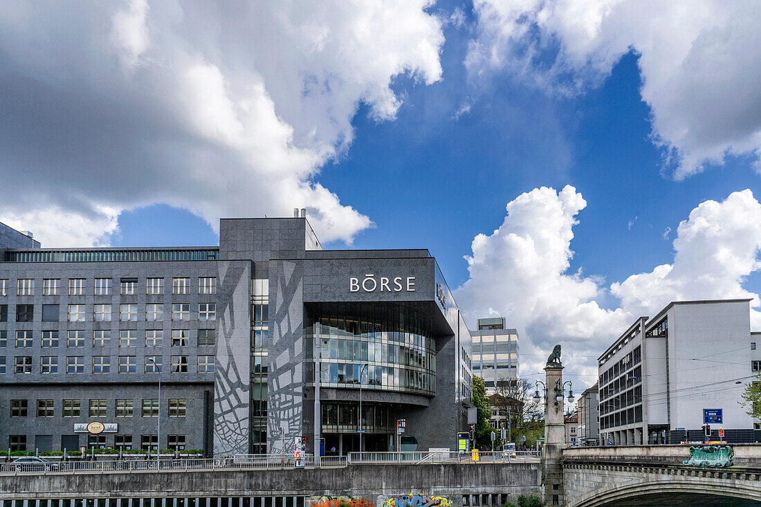SIX Swiss Exchange, Boerse, Stauffacher bridge , lion sculpture, Zurich, Switzerland