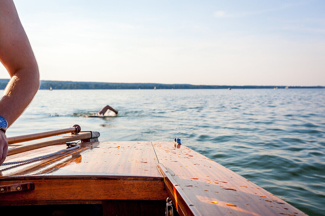 View from the skiff at the Ammersee coast, Ammersee lake, Bavaria, Germany, Europe