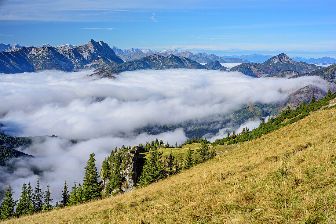 Blick auf Guffert, Zugspitze und Halserspitze, Nebel im Tal, von Hinteres Sonnwendjoch, Bayerische Alpen, Tirol, Österreich