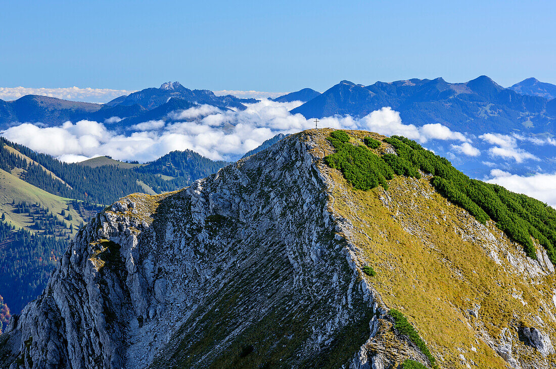 View towards Krenspitze and Chiemgau Alps in background, from Hinteres Sonnwendjoch, Bavarian Alps, Tyrol, Austria