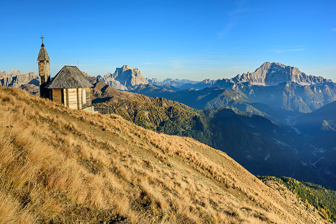 Chapel at Col di Lana, Monte Pelmo and Civetta in background, Col di Lana, Dolomites, UNESCO World Heritage Site Dolomites, Venetia, Italy