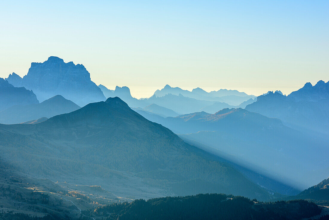 Mountain silhouettes with Monte Pelmo, from Ciampac, Dolomites, UNESCO World Heritage Site Dolomites, Venetia, Italy