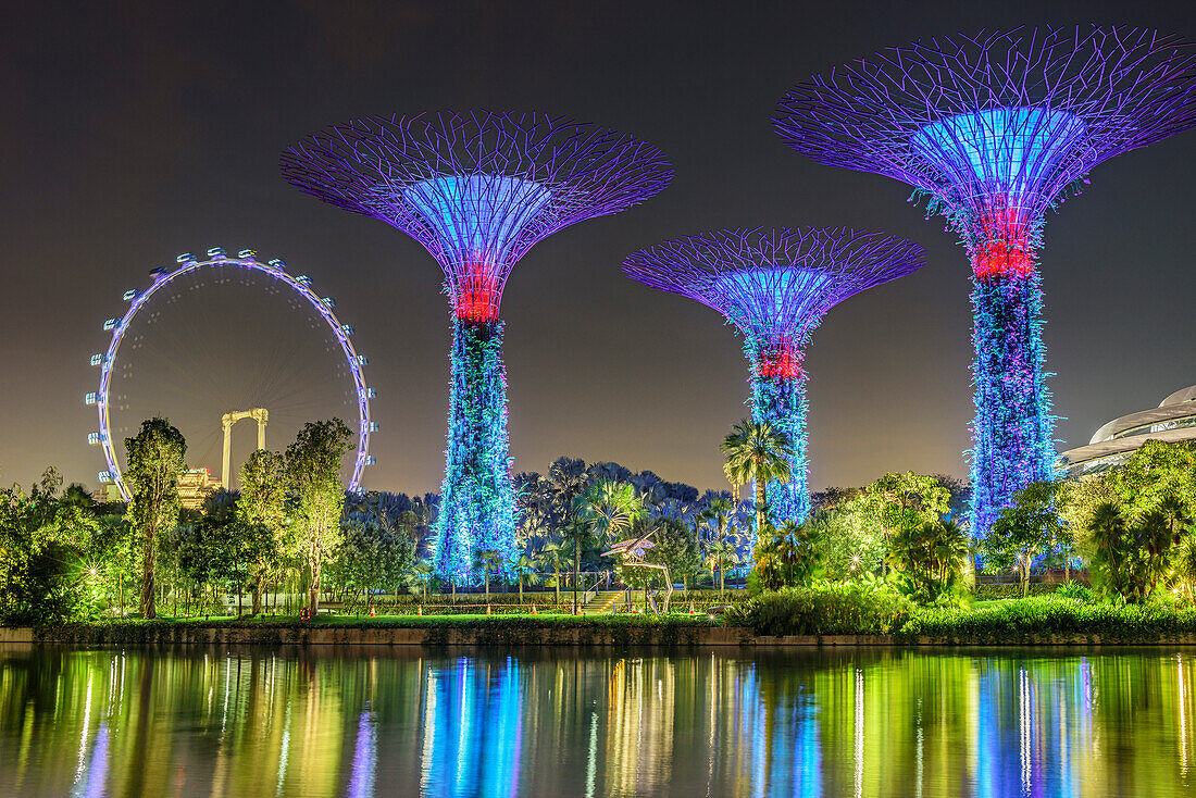 Beleuchtete SuperTrees in Garden of the Bay und Singapore Flyer, Marina Bay, Singapur