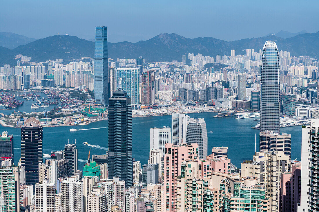 View from the local mountain The Peak at Hong Kong Island, Kowloon and Victoria Harbour, Hong Kong, China, Asia