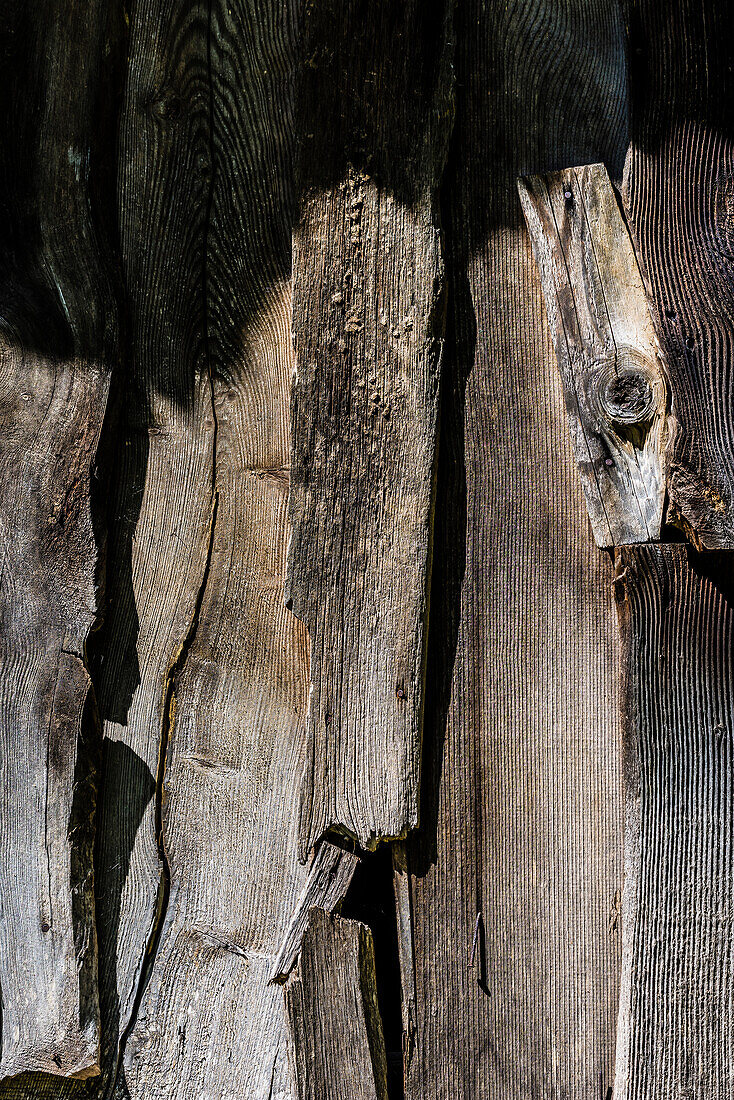 The striking wood panelling of an old alpine hut, South Tyrol, Alto Adige, Italy
