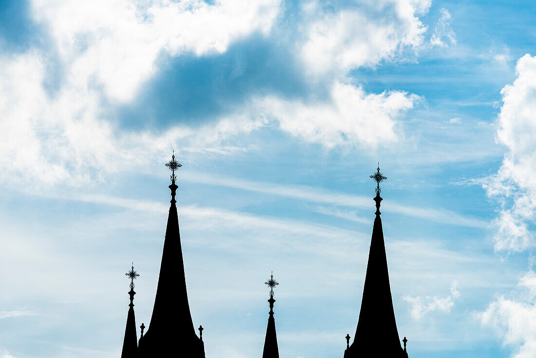 The spires of the church towers of Bamberg Cathedral, Bamberg, Bavaria, Germany