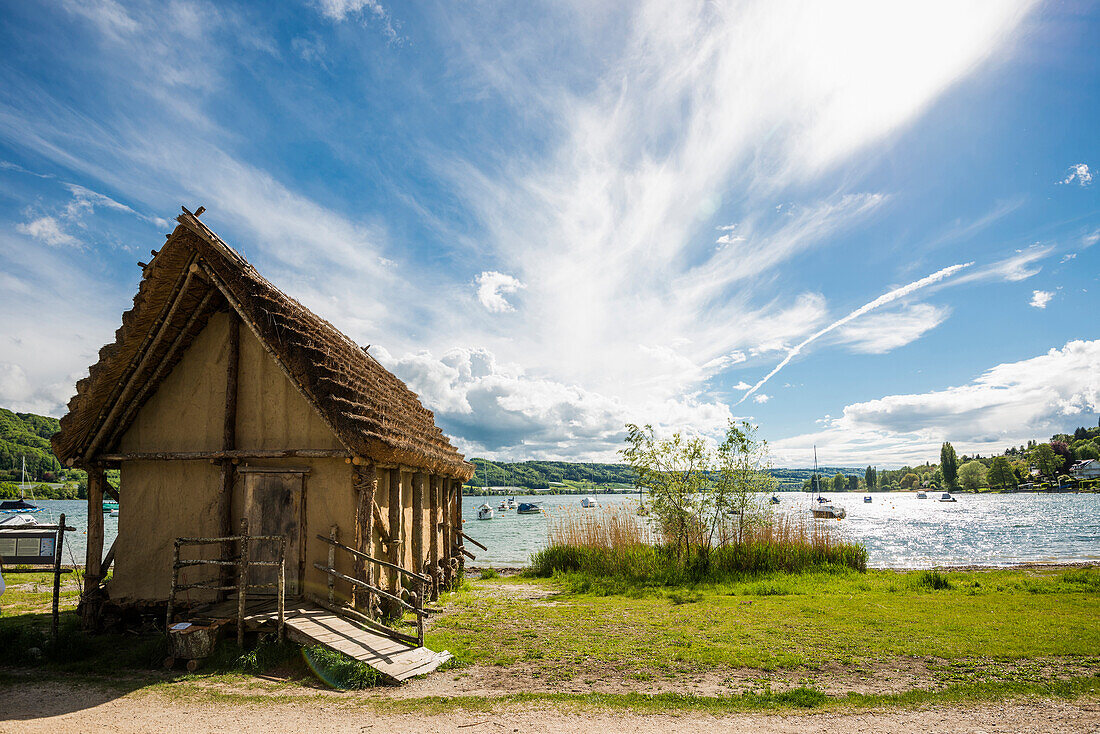 Stilt houses, Pfahlbaumuseum Öhningen, Öhningen, Lake Constance, Baden-Württemberg, Germany