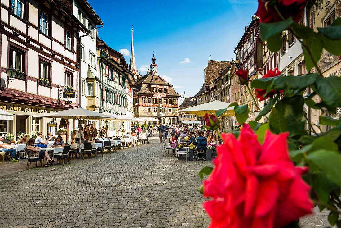 Marktplatz mit historischen bemalten Häusern, Altstadt, Stein am Rhein, Kanton Schaffhausen, Schweiz