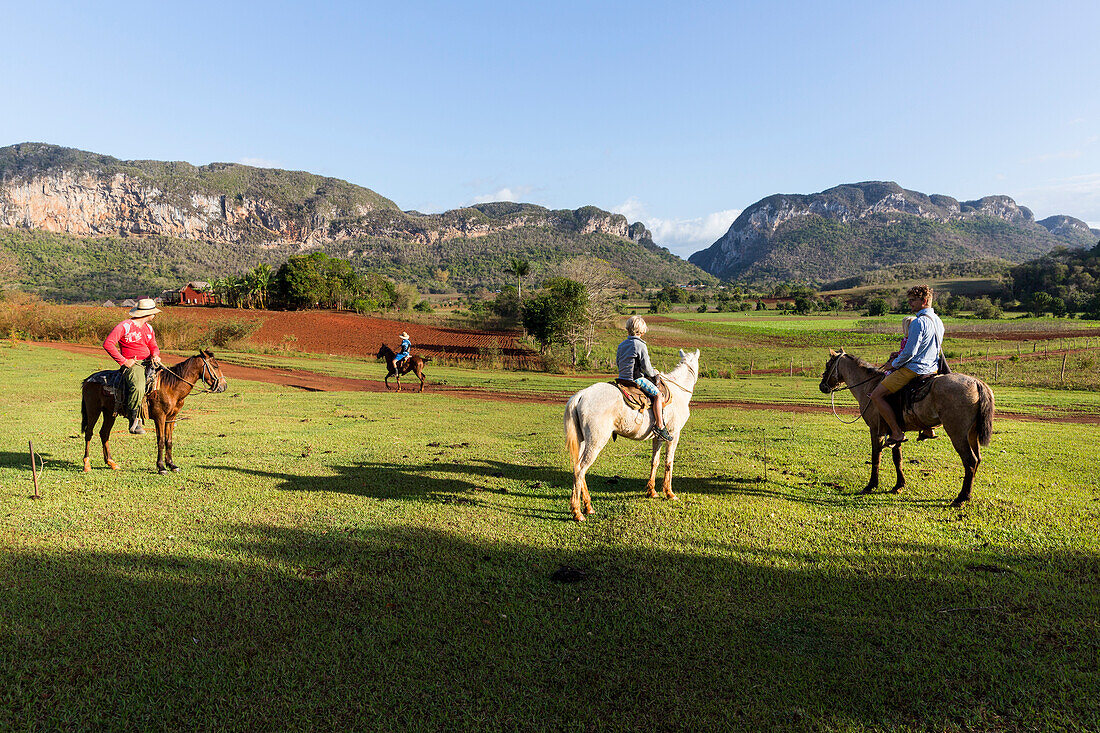 Horseride, Mogotes and tobacco fields in Vinales, climbing region, loneliness, countryside, beautiful nature, family travel to Cuba, parental leave, holiday, time-out, adventure, National Park Vinales, Vinales, Pinar del Rio, Cuba, Caribbean island