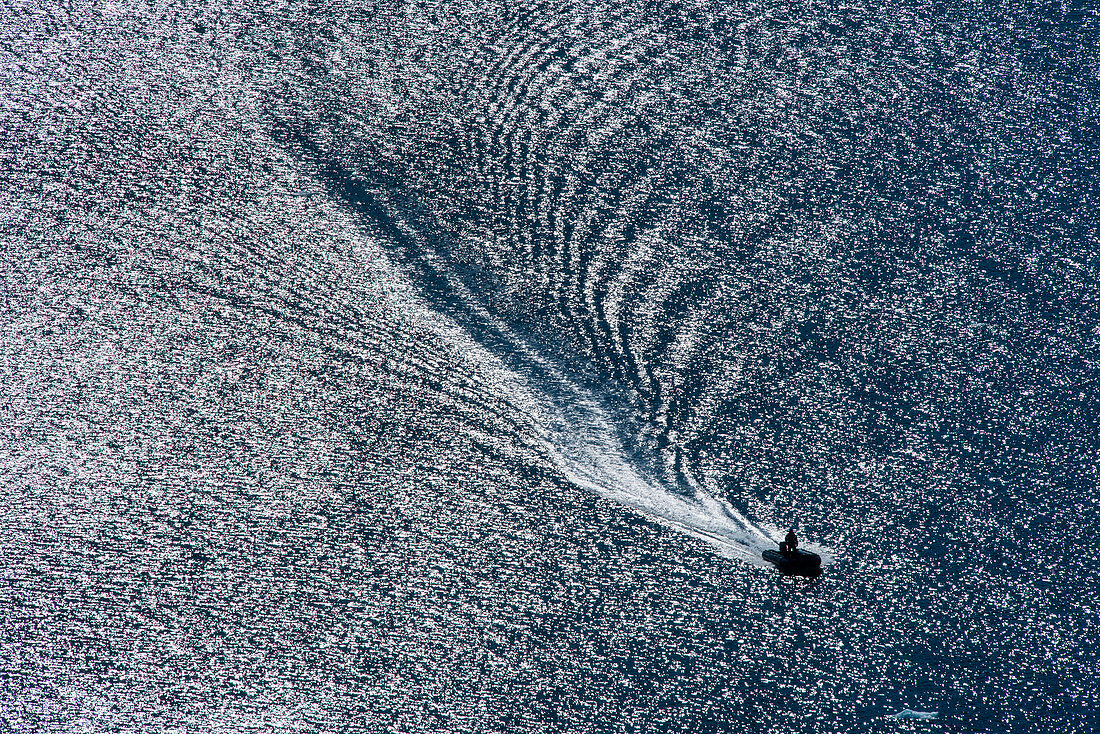 Overhead of Zodiac raft of expedition cruise ship MS Bremen (Hapag-Lloyd Cruises), Orne Harbor, Graham Land, Antarctic Peninsula, Antarctica