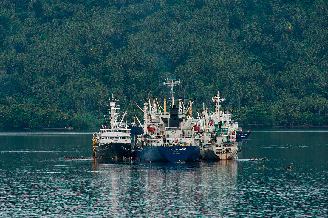 A cluster of ships is surrounded by tiny canoes with local people wanting to barter goods, Rabaul, East New Britain, Papua New Guinea, South Pacific