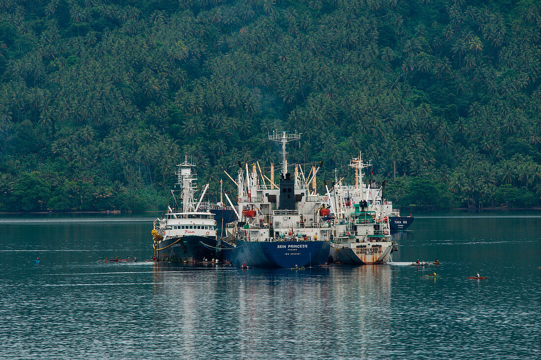 Eine Gruppe Schiffe ist von winzigen Kanus umgeben aus denen Einheimische Waren tauschen wollen, Rabaul, East New Britain, Papua-Neuguinea, Südpazifik