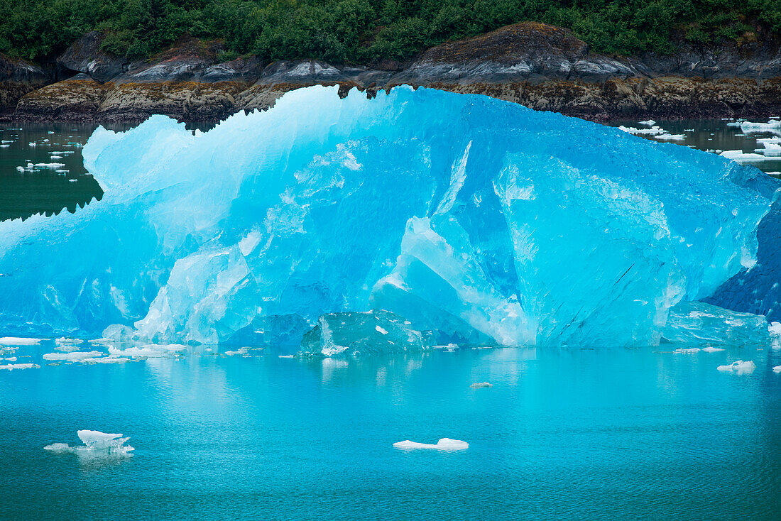 An iceberg of bright blue glacial ice floats in the water, Tracy Arm, Alaska, USA, North America