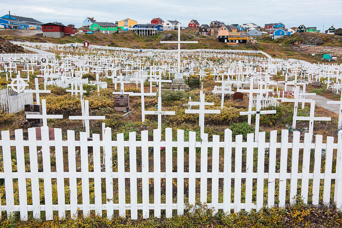 White crosses are enclosed by a white picket fence in this cemetery, Sisimiut, Qeqqata, Greenland