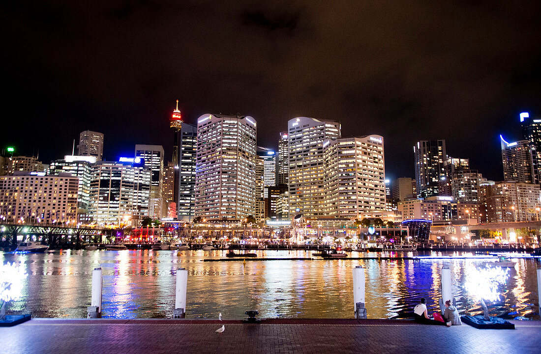 Darling Harbour with city during the Vivid Festival, Sydney, New South Wales, Australia