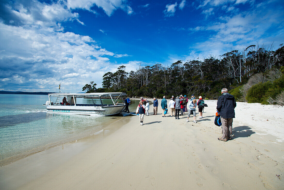 Eine Gruppe von Abenteuerkreuzfahrern mit dem Landunsgboot an der Cockle Bay, Tasmanien, Australien