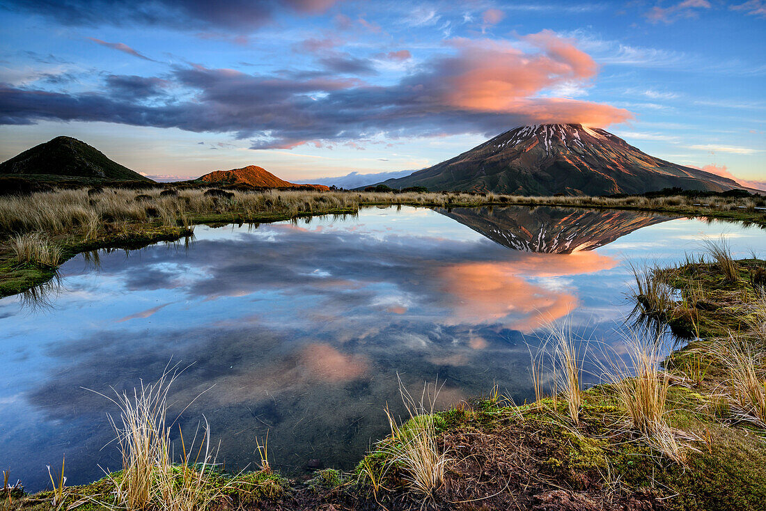 Vulkan Mount Egmont spiegelt sich in See, Egmont Nationalpark, Taranaki, Nordinsel, Neuseeland