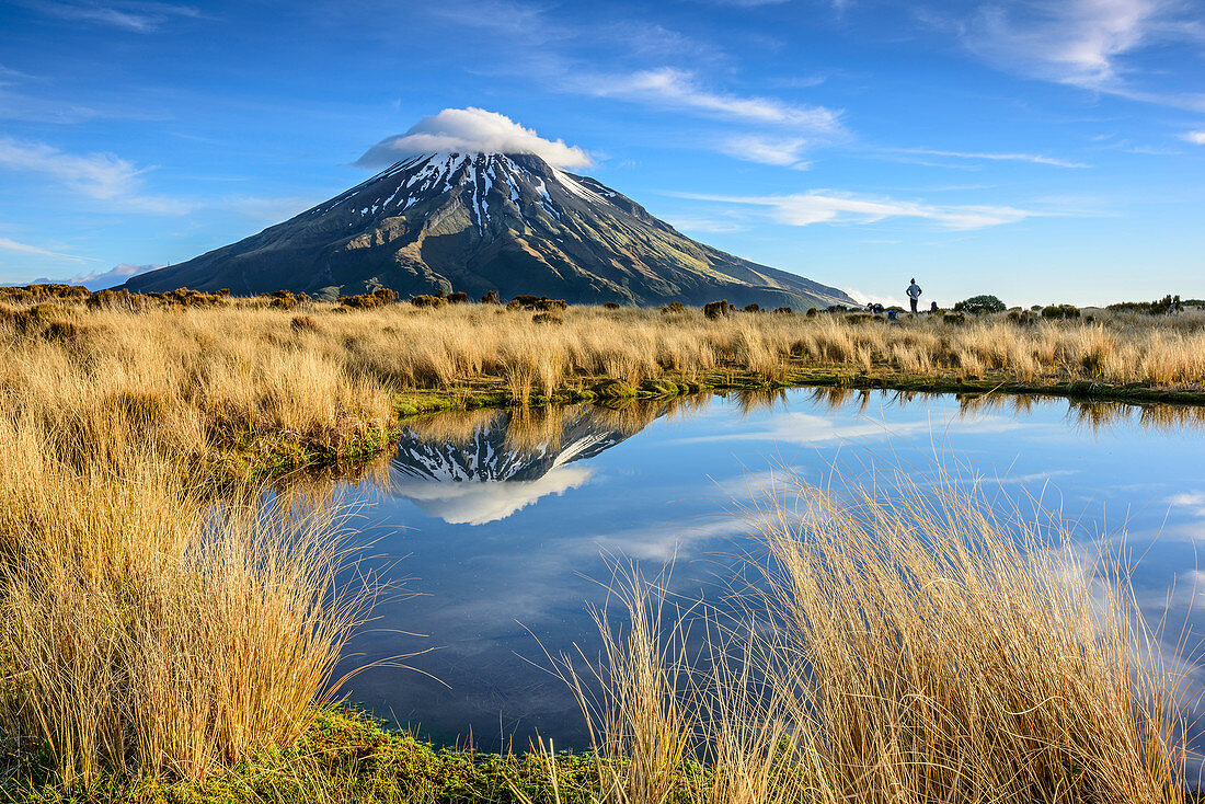 Vulcano Mount Egmont reflecting in lake, person standing in background, Egmont National Park, Taranaki, North island, New Zealand
