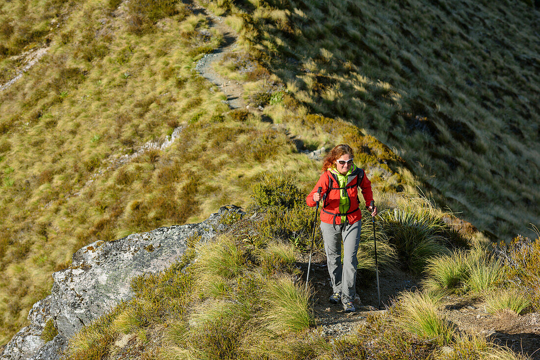 Frau wandert auf Kepler Track, Kepler Track, Great Walks, Fiordlands Nationalpark, UNESCO Welterbe Te Wahipounamu, Southland, Südinsel, Neuseeland