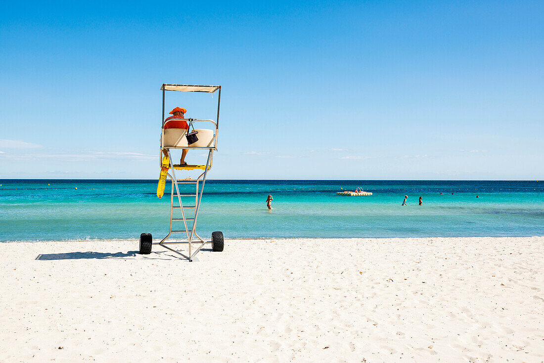 Beachguard at the sandy beach, La plage des Salins, St. Tropez, Var, Cote d' Azur, South of France, France