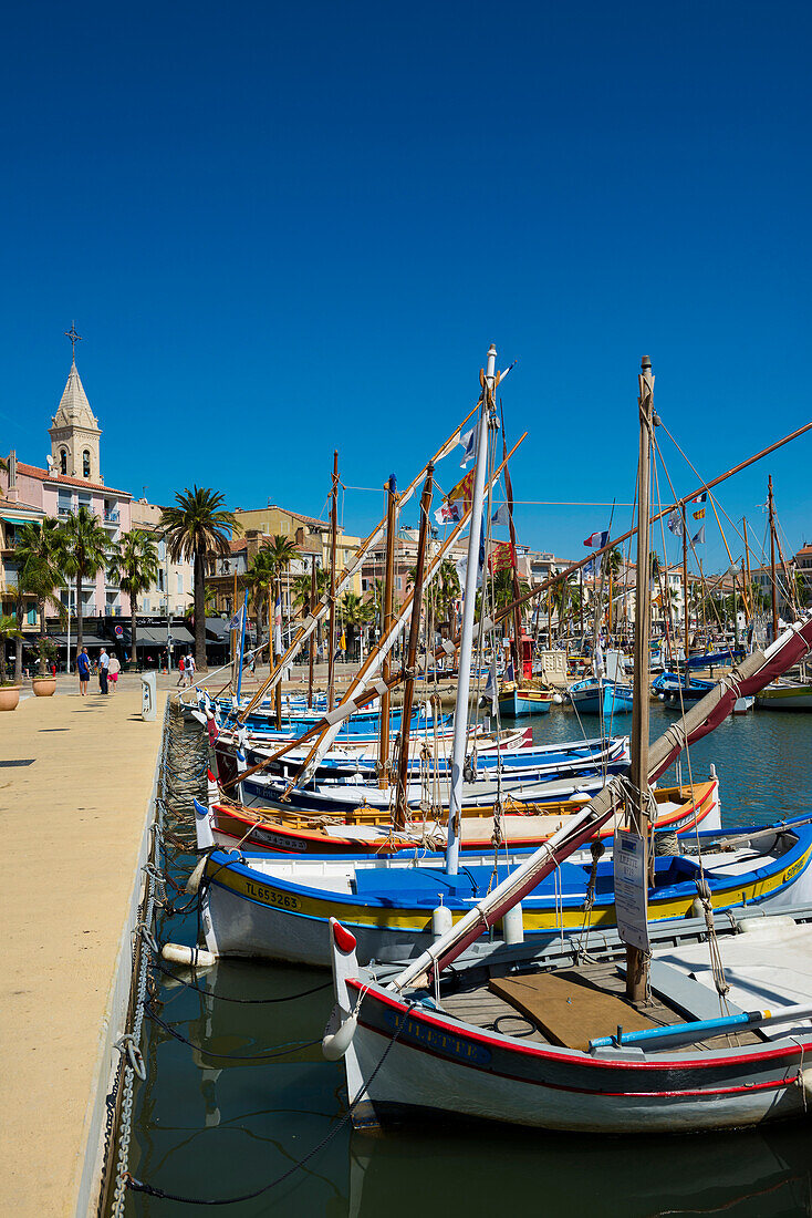 Hafen mit historischen Fischerbooten, Sanary-sur-Mer, Provence-Alpes-Côte d'Azur, Südfrankreich, Frankreich