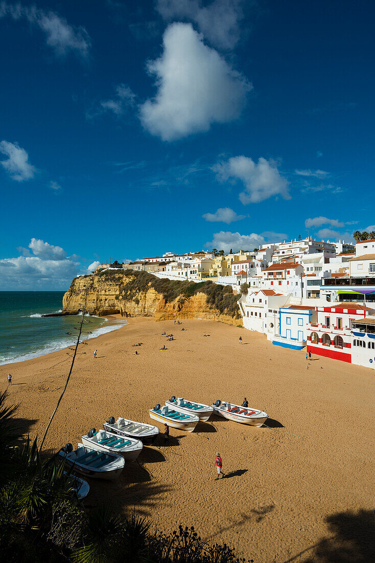 Bay with beach and colourful houses, Carvoeiro, Algarve, Portugal