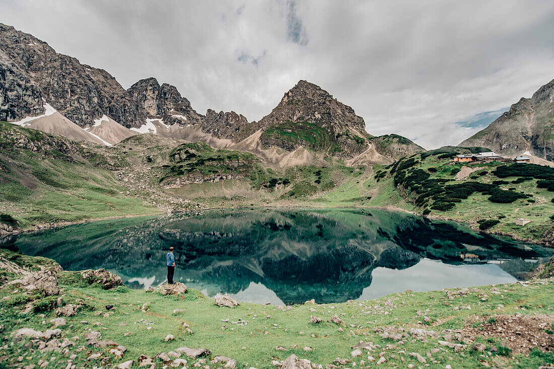 Hiker at Seebensee, Mieminger Gebirge, Tirol, austria, europe.