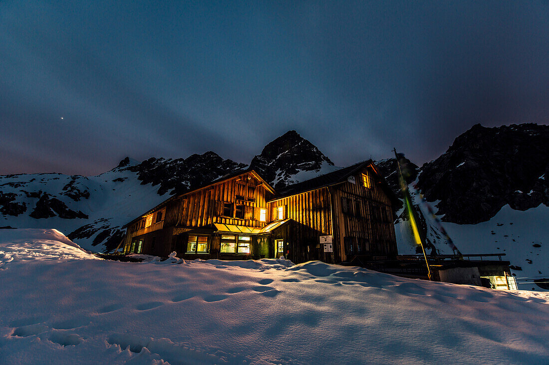 Totalphütte at Lünersee in Brandnertal, Vorarlberg, austria, europe.