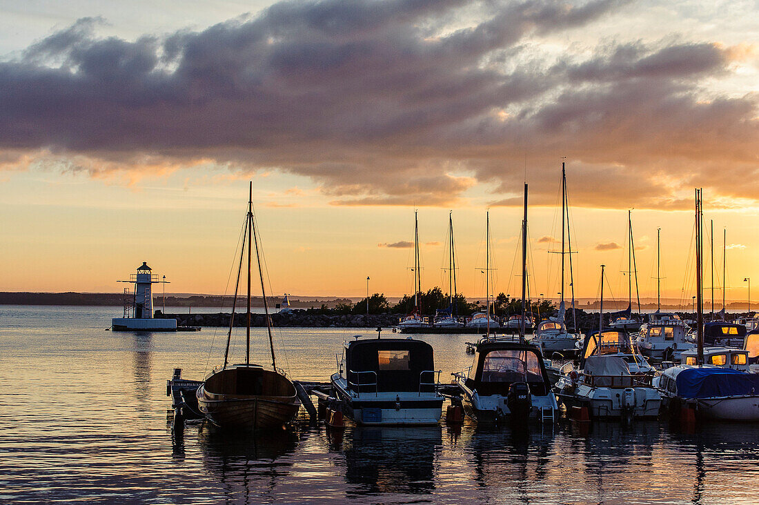 Harbor in the evening light at Lake Vättern, Gränna, Östergötland, Sweden