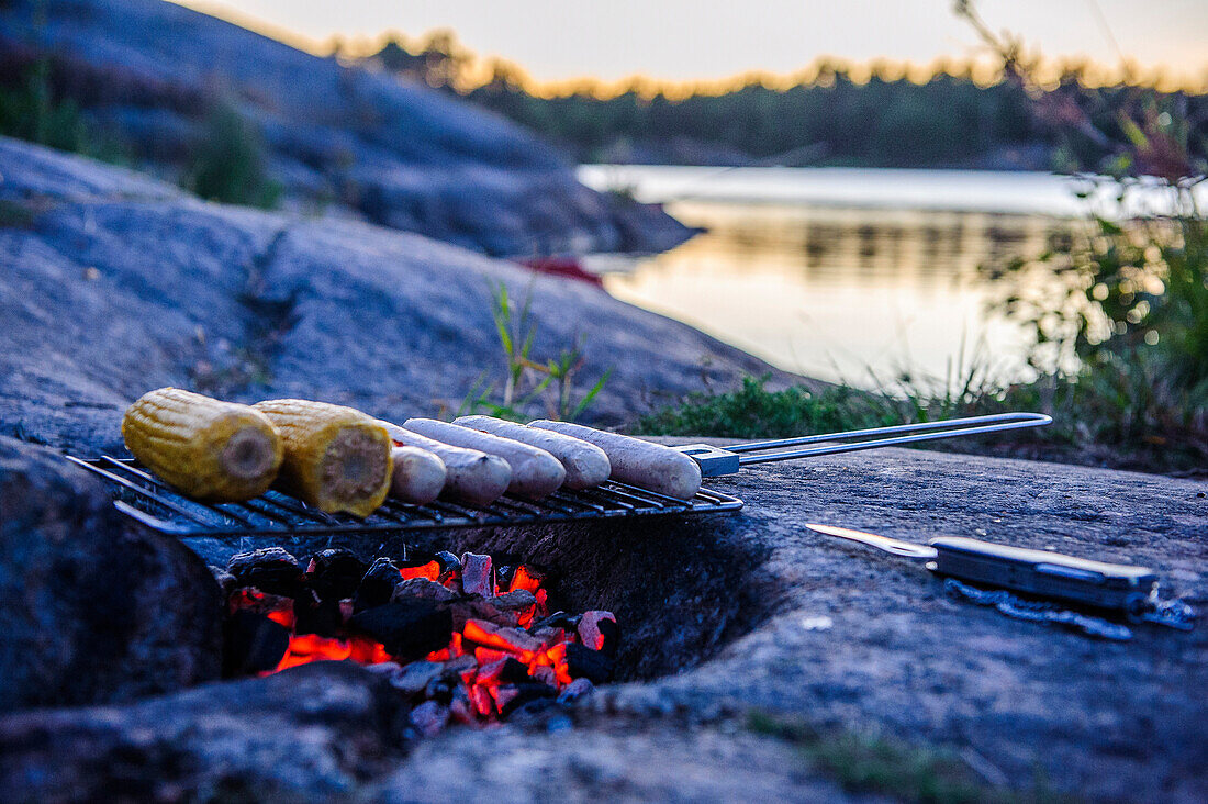 Barbecue by the campfire, Kaellandsoe near Lackoe Castle on Lake Vänern, Sweden