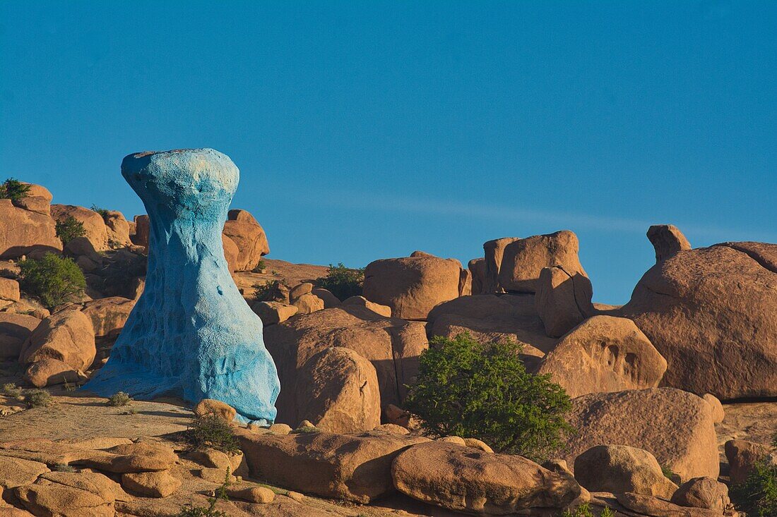 'The ''Blue Stones'' by the Belgian artist Jean Vérame are situated in a bizarre rock landscape near Tafraoute in the Anti Atlas mountains,  Morocco'