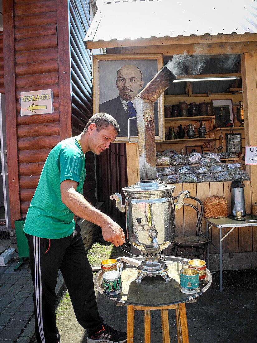 men with samovar, Tea, Tchujski Trakt, Altai, Siberia, Russia