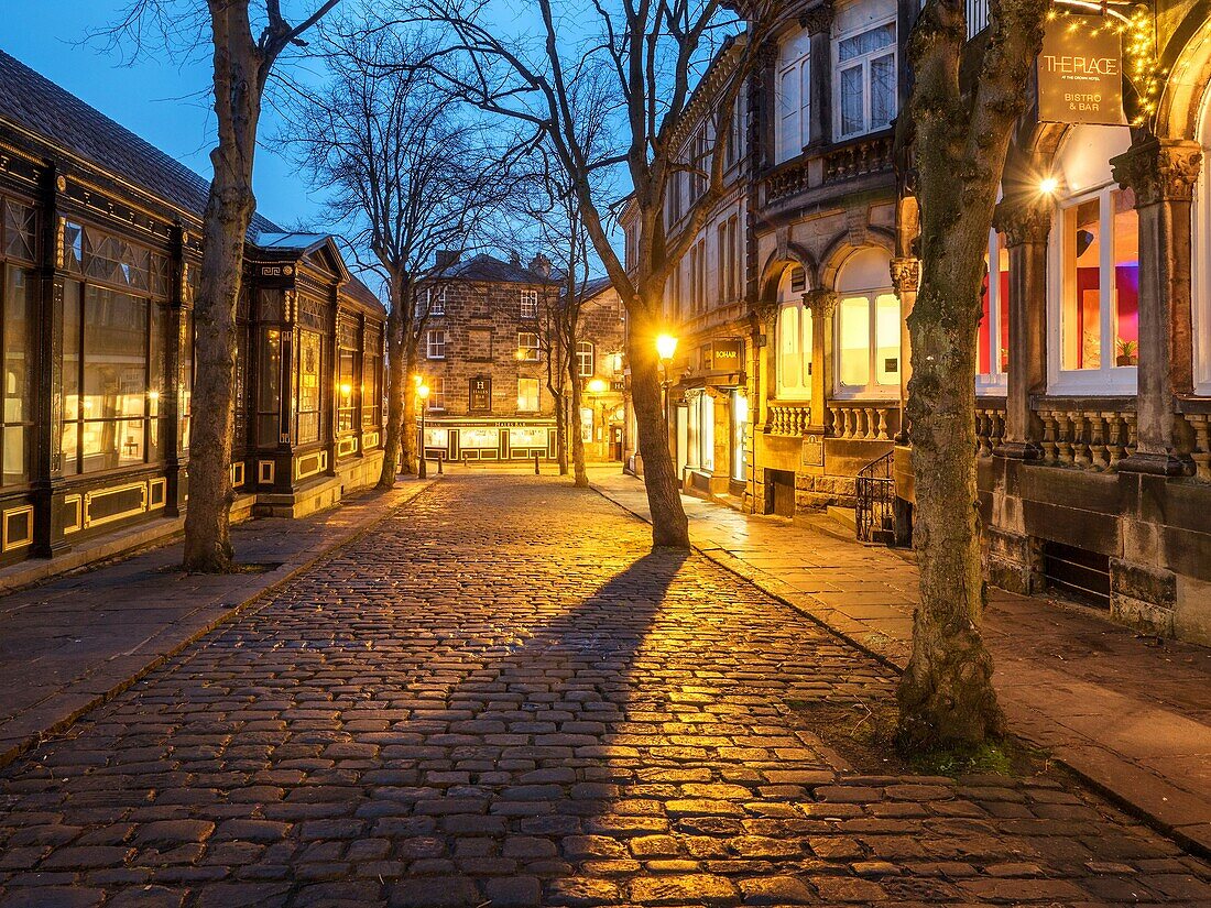 Crown Place Cobbled Street at Dusk Harrogate North Yorkshire England.