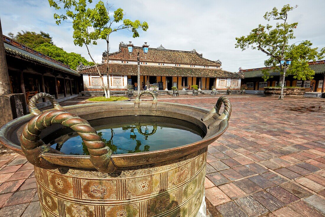 Bronze Cauldron At The Can Chanh Palace (Palace of Audiences). Imperial City, Hue, Vietnam.