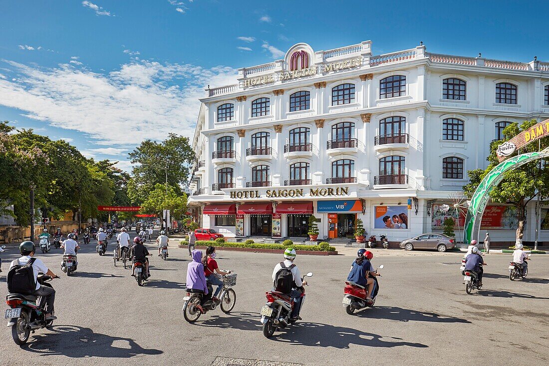 Street traffic at the Saigon Morin Hotel. Hue, Vietnam.
