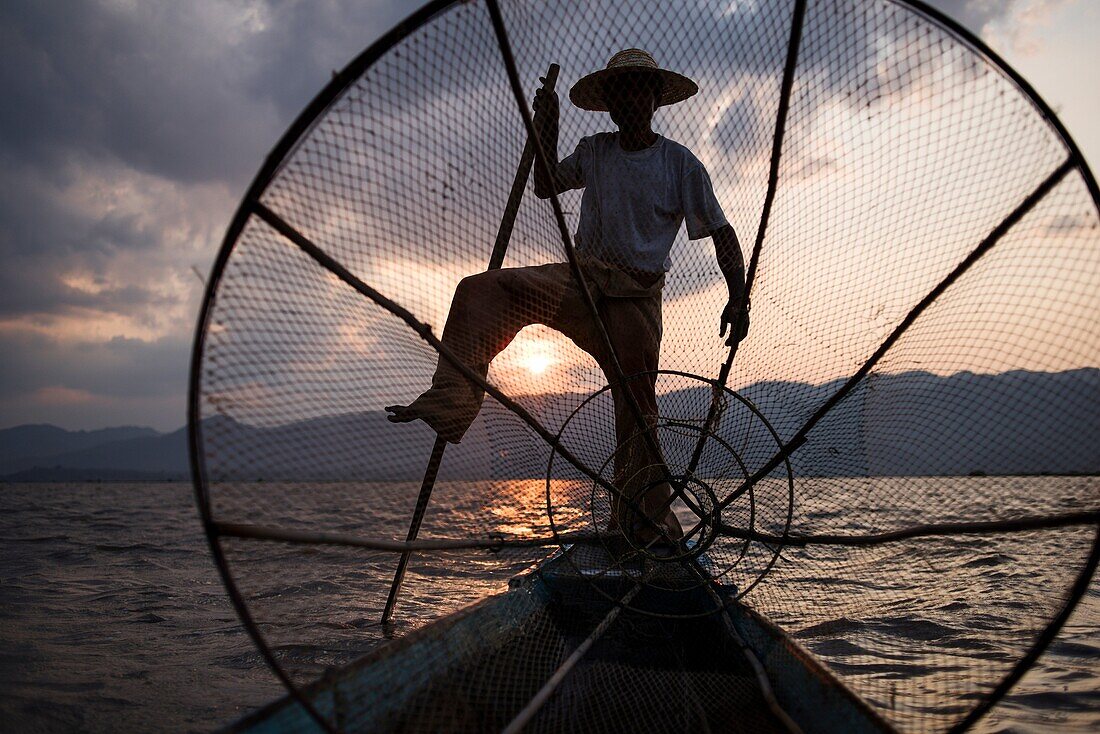 Inle Lake Fisherman at work, Nyaungshwe, Myanmar.