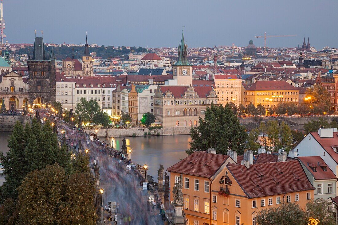 Night falls in Prague, Czech Republic.