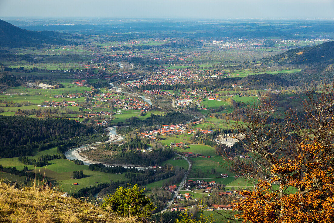 iew from Hochalm mountain northwards into Isar valley and Lenggries, Upper Bavaria, Germany, Europe