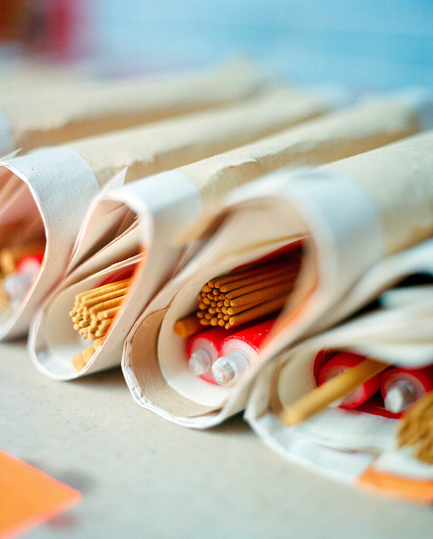 CHINA, Macau, Taipa, Asia, wrapped incense sticks at temple, close-up