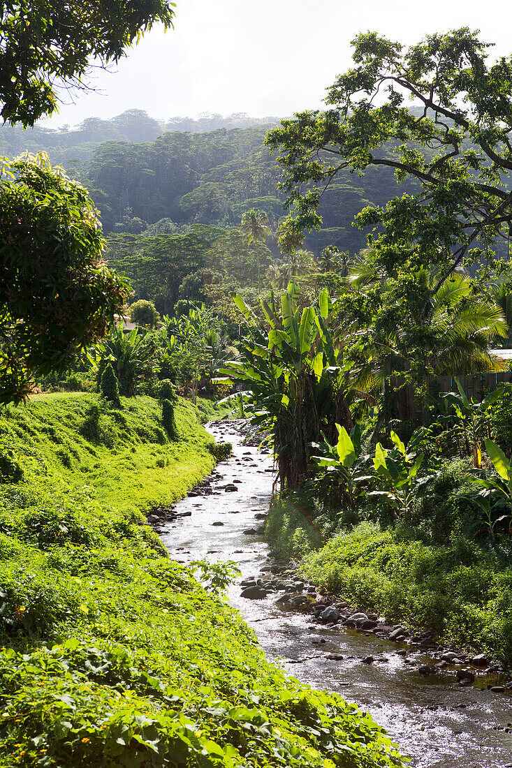 FRENCH POLYNESIA, Tahiti. View of mountains and a river in the village of Vairao located along the southern coastline of Tahiti Island.