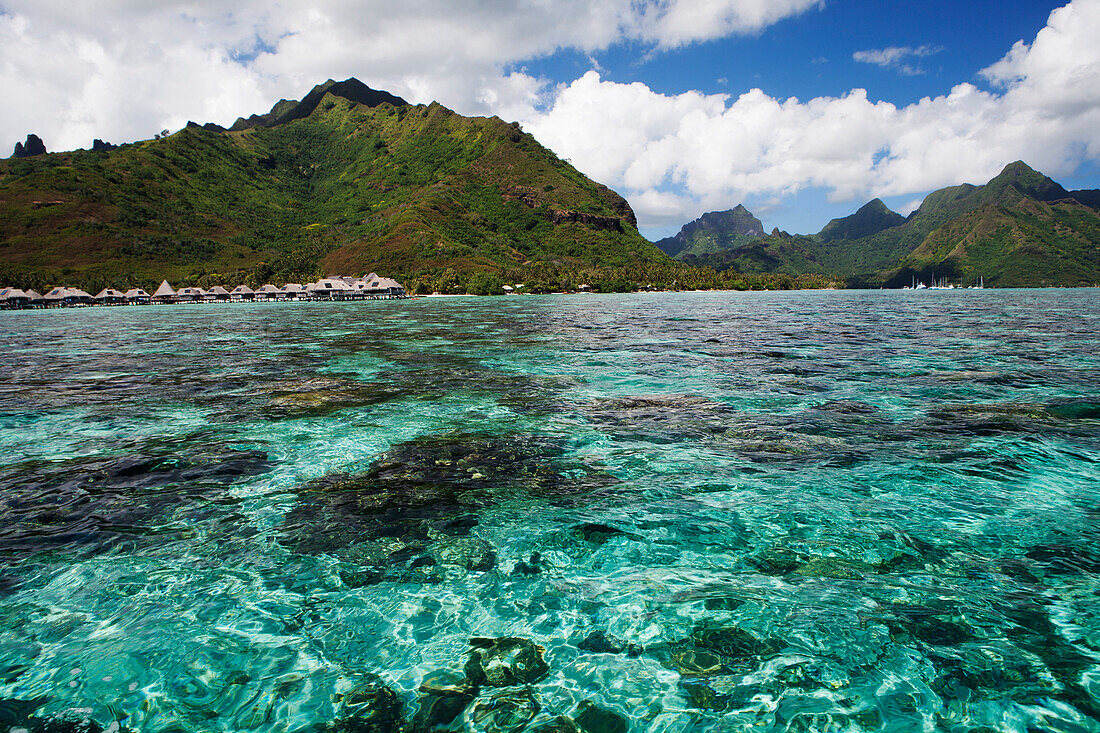 FRENCH POLYNESIA, Moorea. Reefs along the coast of Moorea Island. Partial view of the Hilton Moorea Lagoon Resort & Spa in the background.