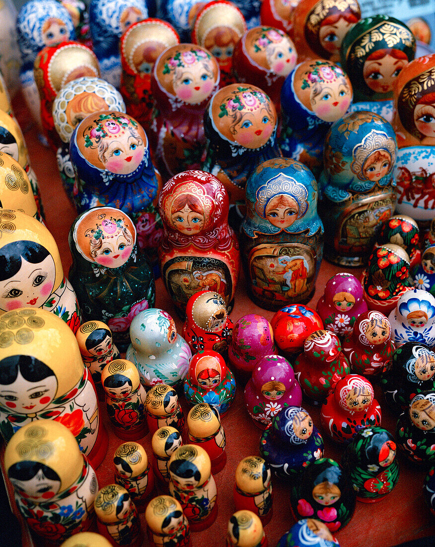 RUSSIA, Moscow, top view of Matryoshka dolls display in retail, close-up